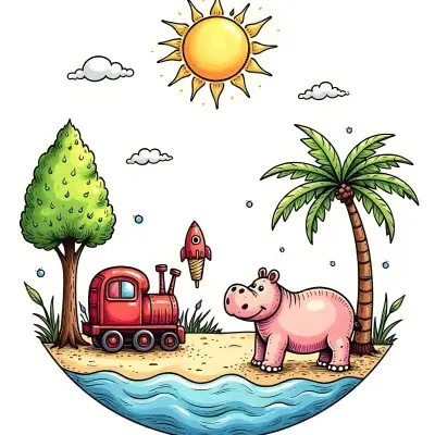 A Snail With A Blue Shell A Blue Hippo And A Rocket On A Wooden Fence With Flowers Trees And A Sun In The Background 62 200b