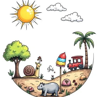 A Snail With A Blue Shell A Blue Hippo And A Rocket On A Wooden Fence With Flowers Trees And A Sun In The Background 85 0744