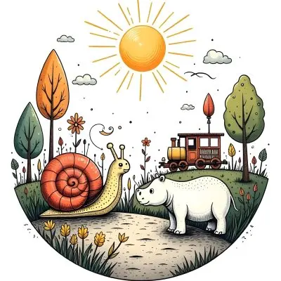 A Snail With A Blue Shell A Blue Hippo And A Rocket On A Wooden Fence With Flowers Trees And A Sun In The Background 95 0ee1