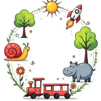 A Snail With A Blue Shell A Blue Hippo And A Rocket On A Wooden Fence With Flowers Trees And A Sun In The Background 97 C298