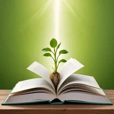 A Sprout Growing From An Open Book On A Wooden Table With A Bright Green Background And A Light Shining From Above 16 66e3