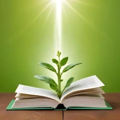 A Sprout Growing From An Open Book On A Wooden Table With A Bright Green Background And A Light Shining From Above 17 B7be