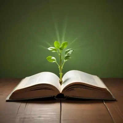 A Sprout Growing From An Open Book On A Wooden Table With A Bright Green Background And A Light Shining From Above 2 7728