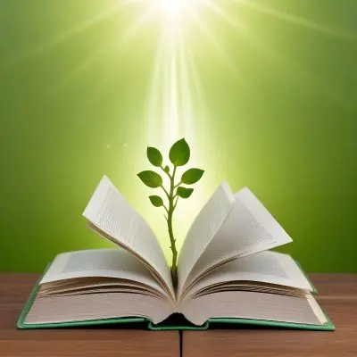 A Sprout Growing From An Open Book On A Wooden Table With A Bright Green Background And A Light Shining From Above 21 9741