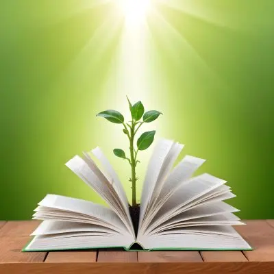 A Sprout Growing From An Open Book On A Wooden Table With A Bright Green Background And A Light Shining From Above 3 7d95