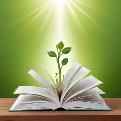 A Sprout Growing From An Open Book On A Wooden Table With A Bright Green Background And A Light Shining From Above 7 19c7
