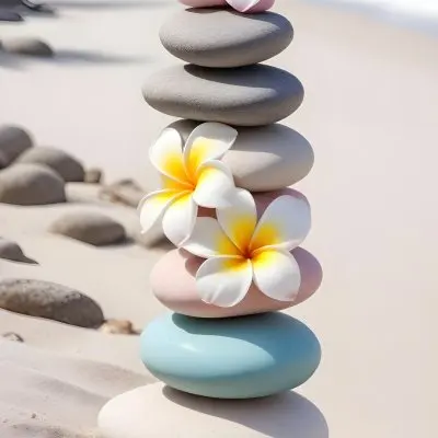 A Stack Of Smooth Pastel Colored Stones On A Beach With A Plumeria Flower Representing Balance And Tranquility 334 B8cb