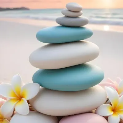 A Stack Of Smooth Pastel Colored Stones On A Beach With A Plumeria Flower Representing Balance And Tranquility 503 Ef65