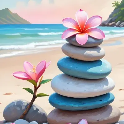 A Stack Of Smooth Pastel Colored Stones On A Beach With A Plumeria Flower Representing Balance And Tranquility 53 0675