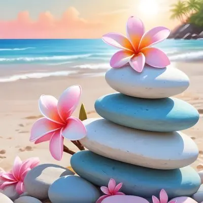 A Stack Of Smooth Pastel Colored Stones On A Beach With A Plumeria Flower Representing Balance And Tranquility 60 A2c4