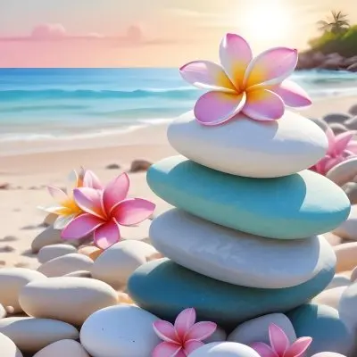 A Stack Of Smooth Pastel Colored Stones On A Beach With A Plumeria Flower Representing Balance And Tranquility 67 0c63
