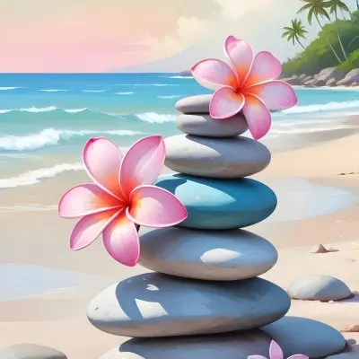 A Stack Of Smooth Pastel Colored Stones On A Beach With A Plumeria Flower Representing Balance And Tranquility 72 425f