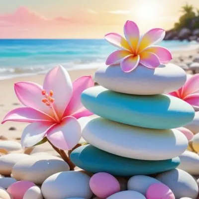 A Stack Of Smooth Pastel Colored Stones On A Beach With A Plumeria Flower Representing Balance And Tranquility 77 3972