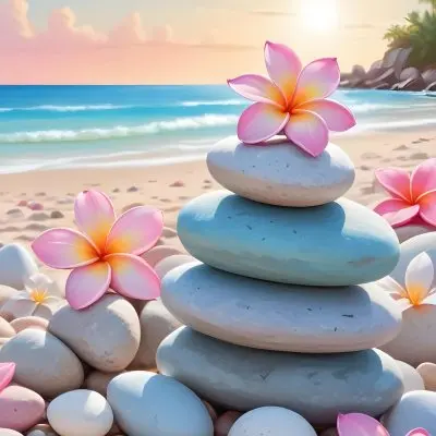 A Stack Of Smooth Pastel Colored Stones On A Beach With A Plumeria Flower Representing Balance And Tranquility 78 Dc47