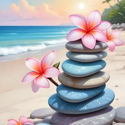 A Stack Of Smooth Pastel Colored Stones On A Beach With A Plumeria Flower Representing Balance And Tranquility 81 304c