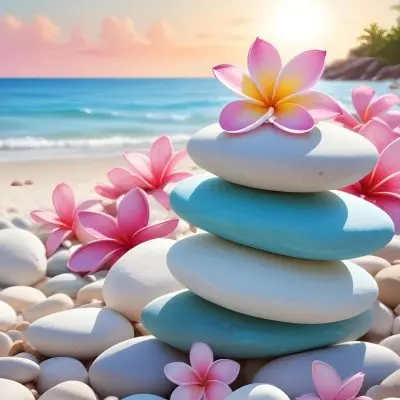 A Stack Of Smooth Pastel Colored Stones On A Beach With A Plumeria Flower Representing Balance And Tranquility 83 2bc3