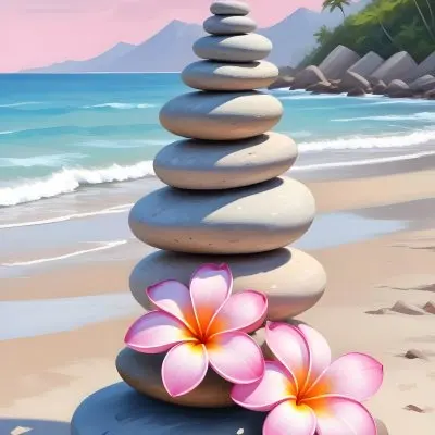 A Stack Of Smooth Pastel Colored Stones On A Beach With A Plumeria Flower Representing Balance And Tranquility 9 Cb28
