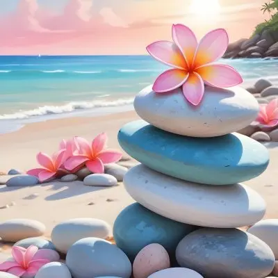 A Stack Of Smooth Pastel Colored Stones On A Beach With A Plumeria Flower Representing Balance And Tranquility 91 A0ad