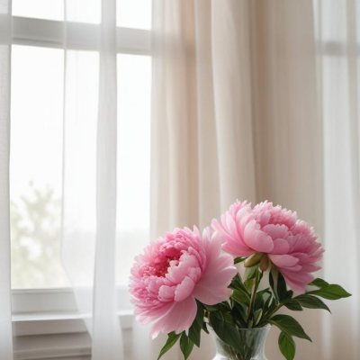 A Vase Of Pink Peonies On A Windowsill With Sheer Curtains In The Background 1 3f13