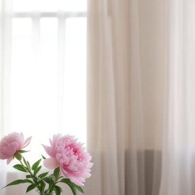 A Vase Of Pink Peonies On A Windowsill With Sheer Curtains In The Background 13 7f71