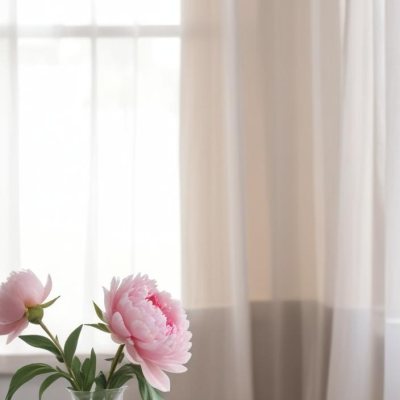 A Vase Of Pink Peonies On A Windowsill With Sheer Curtains In The Background 14 D9f9