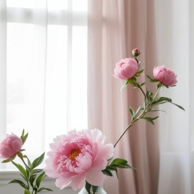 A Vase Of Pink Peonies On A Windowsill With Sheer Curtains In The Background 15 7b97
