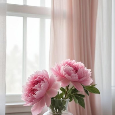 A Vase Of Pink Peonies On A Windowsill With Sheer Curtains In The Background 16 42ed