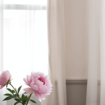 A Vase Of Pink Peonies On A Windowsill With Sheer Curtains In The Background 19 3d41