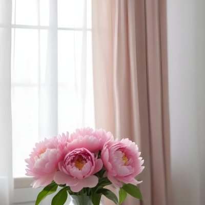 A Vase Of Pink Peonies On A Windowsill With Sheer Curtains In The Background 2 6996