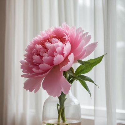 A Vase Of Pink Peonies On A Windowsill With Sheer Curtains In The Background 2 C508