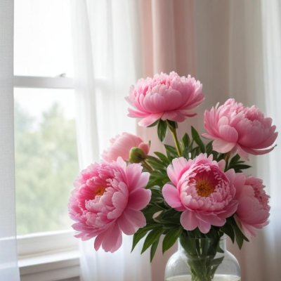 A Vase Of Pink Peonies On A Windowsill With Sheer Curtains In The Background 21 5b2c