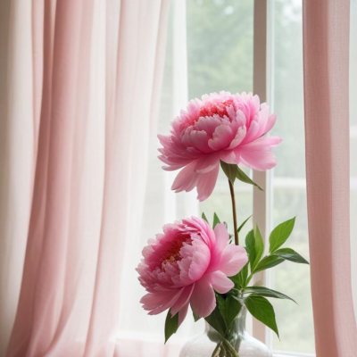 A Vase Of Pink Peonies On A Windowsill With Sheer Curtains In The Background 22 B91e