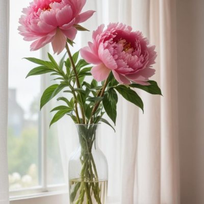A Vase Of Pink Peonies On A Windowsill With Sheer Curtains In The Background 3 06f5