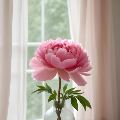 A Vase Of Pink Peonies On A Windowsill With Sheer Curtains In The Background 4 8d7d