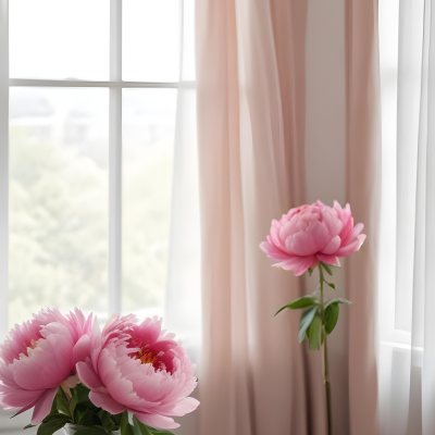 A Vase Of Pink Peonies On A Windowsill With Sheer Curtains In The Background 5 A226