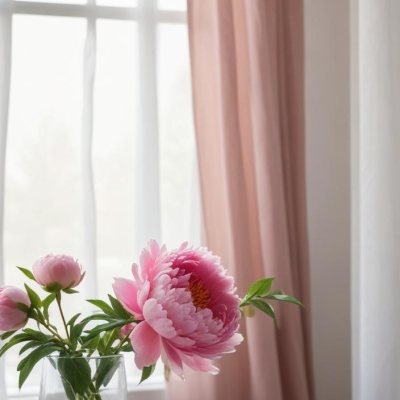 A Vase Of Pink Peonies On A Windowsill With Sheer Curtains In The Background 5 C18a