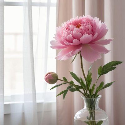A Vase Of Pink Peonies On A Windowsill With Sheer Curtains In The Background 6 4df2