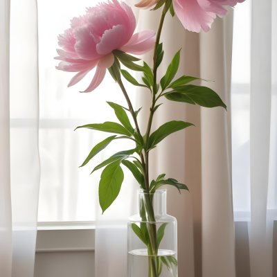 A Vase Of Pink Peonies On A Windowsill With Sheer Curtains In The Background 7 C3ad