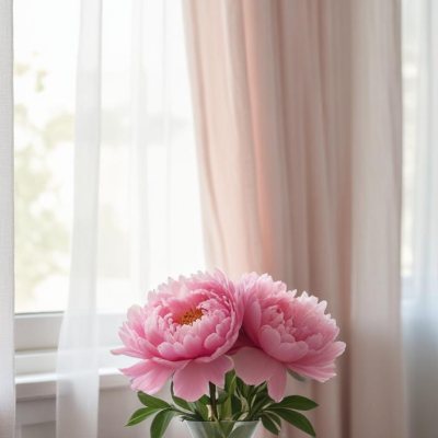 A Vase Of Pink Peonies On A Windowsill With Sheer Curtains In The Background 7 D3de