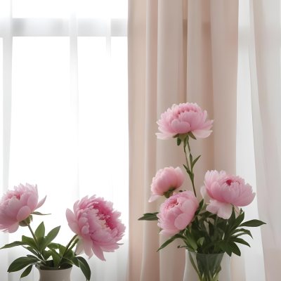 A Vase Of Pink Peonies On A Windowsill With Sheer Curtains In The Background 8 B63c