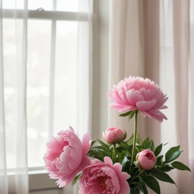 A Vase Of Pink Peonies On A Windowsill With Sheer Curtains In The Background 8 Cca5
