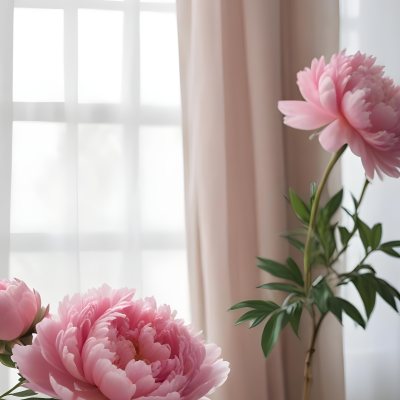 A Vase Of Pink Peonies On A Windowsill With Sheer Curtains In The Background 9 6e7c