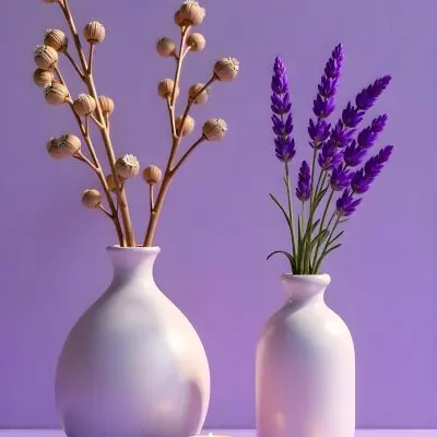 A Vase With Dry Branches And A Candle On The Left A Vase With Lavender On The Right Purple Background 1 335c