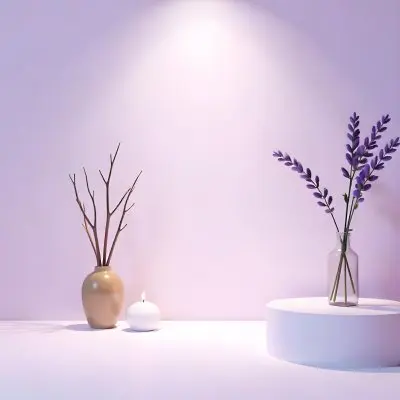 A Vase With Dry Branches And A Candle On The Left A Vase With Lavender On The Right Purple Background 12 6de7
