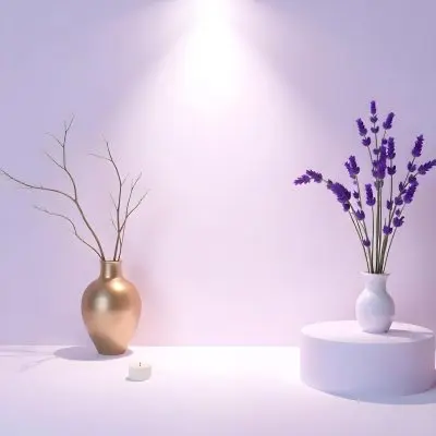 A Vase With Dry Branches And A Candle On The Left A Vase With Lavender On The Right Purple Background 14 E554