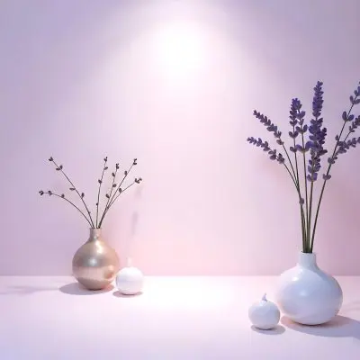A Vase With Dry Branches And A Candle On The Left A Vase With Lavender On The Right Purple Background 19 B0ca