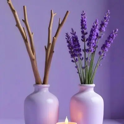 A Vase With Dry Branches And A Candle On The Left A Vase With Lavender On The Right Purple Background 2 06bf
