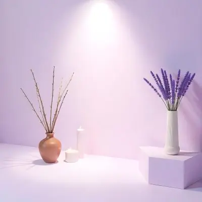 A Vase With Dry Branches And A Candle On The Left A Vase With Lavender On The Right Purple Background 22 8409
