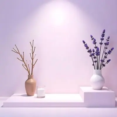 A Vase With Dry Branches And A Candle On The Left A Vase With Lavender On The Right Purple Background 23 24a0