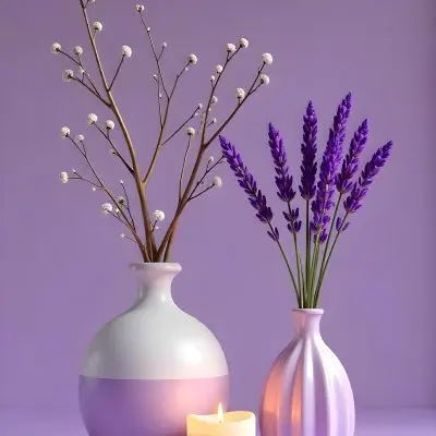 A Vase With Dry Branches And A Candle On The Left A Vase With Lavender On The Right Purple Background 3 3ef3